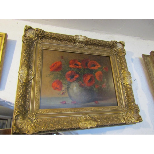 1214 - Continental School Still Life of Red Flowers Oil on Panel Approximately 14 Inches High x 18 Inches W... 