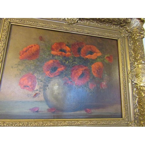 1214 - Continental School Still Life of Red Flowers Oil on Panel Approximately 14 Inches High x 18 Inches W... 