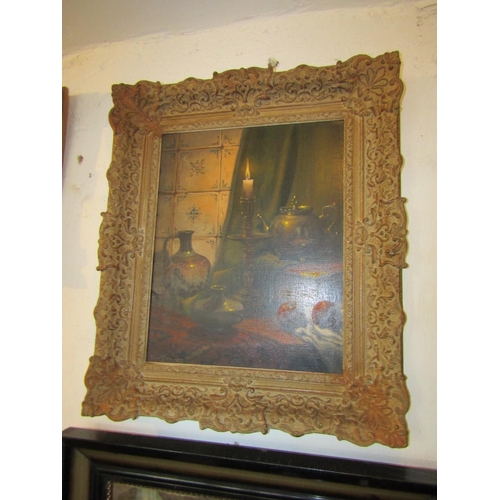 1216 - Edwardian School Still Life with Teapot Window Beyond Oil on Canvas Approximately 30 Inches High x 2... 