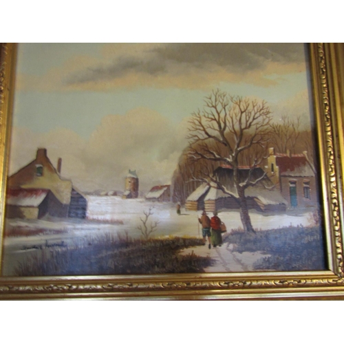 1217 - Winter River Scene with Snow Oil on Board Approximately 8 Inches High x 12 Inches Wide Signed Indist... 