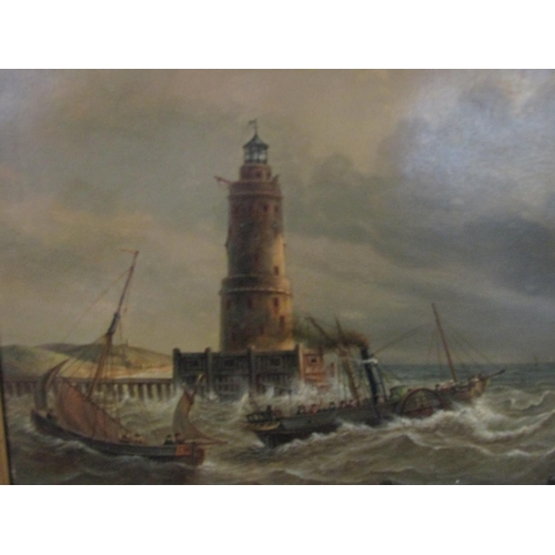 1220 - Shipping Scene Victorian School Oil on Canvas Approximately 16 Inches High x 22 Inches Wide