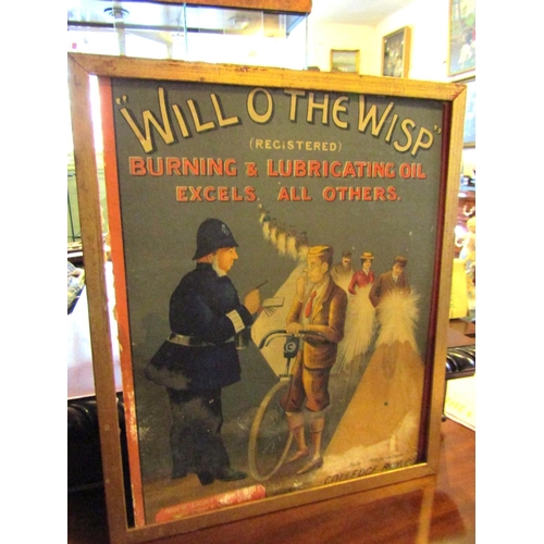 1231 - Antique Advertising Sign Will O the Wisp Burning and Lubricating Oil Approximately 14 Inches High x ... 