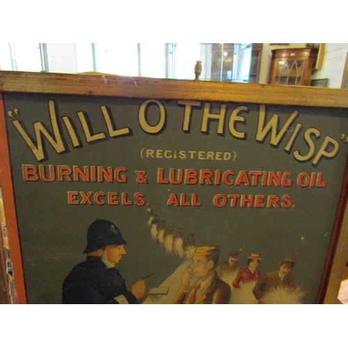 1231 - Antique Advertising Sign Will O the Wisp Burning and Lubricating Oil Approximately 14 Inches High x ... 