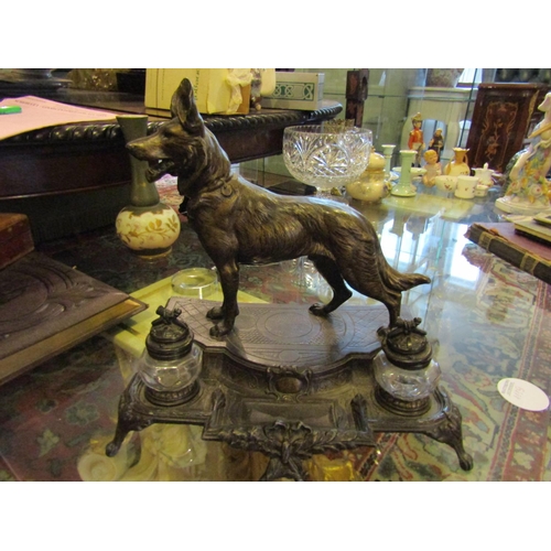 1233 - Large Bronze Double Ink Well Desk Stand Alsatian Motif Decoration Approximately 12 Inches High x 10 ... 