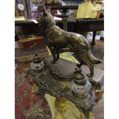 1233 - Large Bronze Double Ink Well Desk Stand Alsatian Motif Decoration Approximately 12 Inches High x 10 ... 