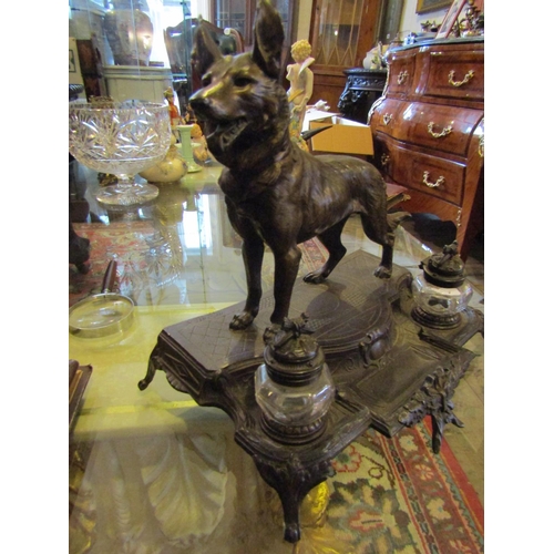 1233 - Large Bronze Double Ink Well Desk Stand Alsatian Motif Decoration Approximately 12 Inches High x 10 ... 