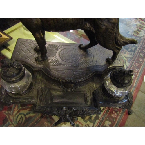 1233 - Large Bronze Double Ink Well Desk Stand Alsatian Motif Decoration Approximately 12 Inches High x 10 ... 