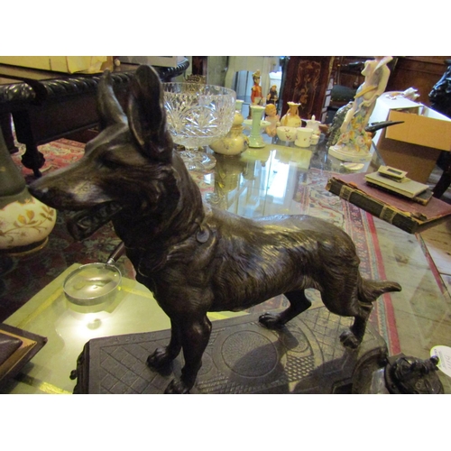 1233 - Large Bronze Double Ink Well Desk Stand Alsatian Motif Decoration Approximately 12 Inches High x 10 ... 