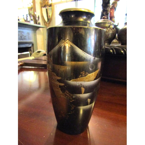 1236 - Antique Japanese Metalwork Vase Depicting Mount Kilimanjaro Approximately 8 Inches High