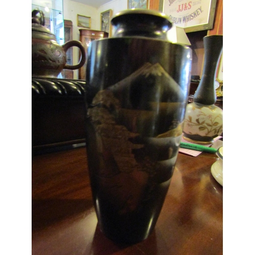 1236 - Antique Japanese Metalwork Vase Depicting Mount Kilimanjaro Approximately 8 Inches High