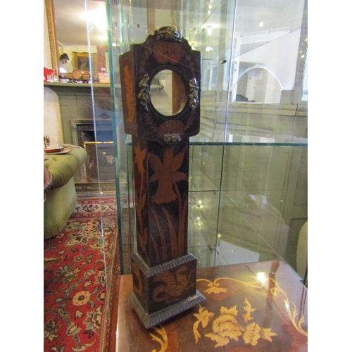 1238 - Antique Marquetry Decorated Table Top Pocket Watch Holder Long Cased Clock Form Approximately 12 Inc... 