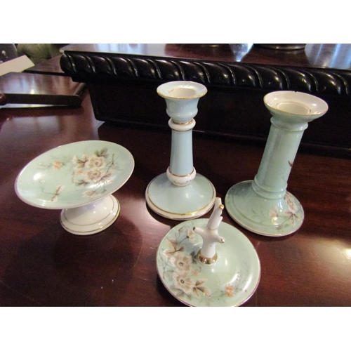 1241 - Dressing Table Set Fine Porcelain Pale Green Ground Candle Rests Approximately 6 Inches High