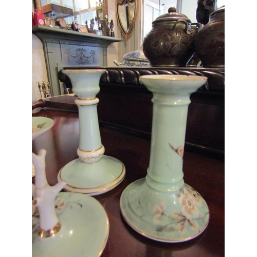 1241 - Dressing Table Set Fine Porcelain Pale Green Ground Candle Rests Approximately 6 Inches High