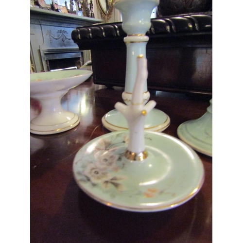 1241 - Dressing Table Set Fine Porcelain Pale Green Ground Candle Rests Approximately 6 Inches High