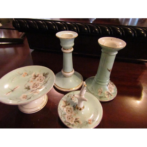 1241 - Dressing Table Set Fine Porcelain Pale Green Ground Candle Rests Approximately 6 Inches High