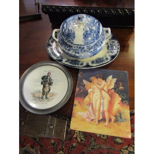 1243 - Blue and White Porcelain Pattern Tureen and Cover Serving Platter Circular Form Charger Metal Bound ... 