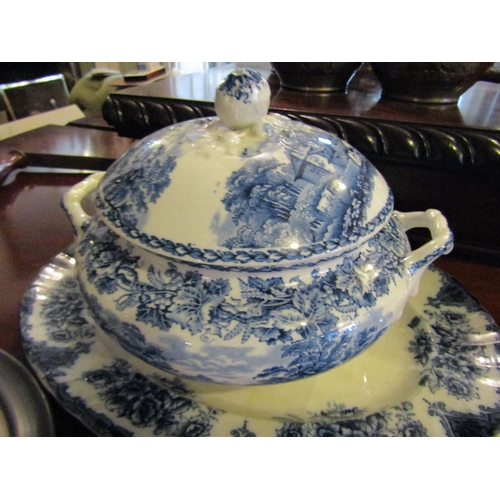 1243 - Blue and White Porcelain Pattern Tureen and Cover Serving Platter Circular Form Charger Metal Bound ... 