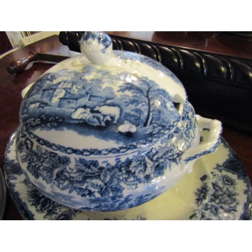 1243 - Blue and White Porcelain Pattern Tureen and Cover Serving Platter Circular Form Charger Metal Bound ... 