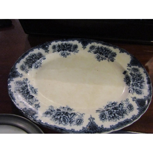 1243 - Blue and White Porcelain Pattern Tureen and Cover Serving Platter Circular Form Charger Metal Bound ... 