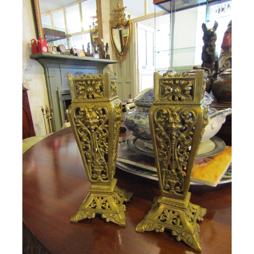 1245 - Pair of Victorian Ormolu Shaped Form Vases Pierced Decoration Each Approximately 8 Inches High