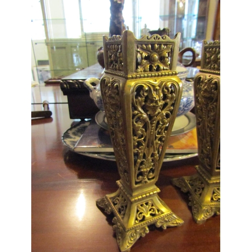 1245 - Pair of Victorian Ormolu Shaped Form Vases Pierced Decoration Each Approximately 8 Inches High