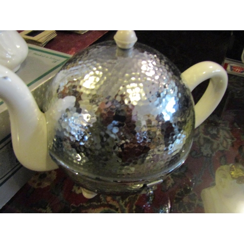 1250 - Donegal Irish Parian China Flower Vase Eamon Glass and Vintage Teapot with Chrome Plated Cover Three... 