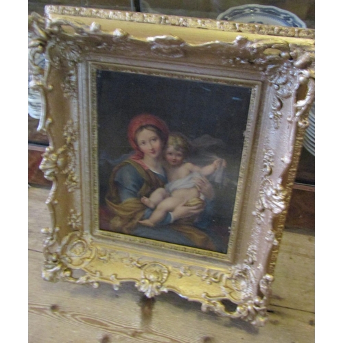 1254 - Antique Coloured Print of Our Lady and Child contained within Gilded and Swept Corner Frame Approxim... 