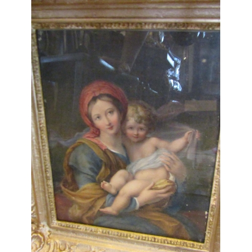 1254 - Antique Coloured Print of Our Lady and Child contained within Gilded and Swept Corner Frame Approxim... 