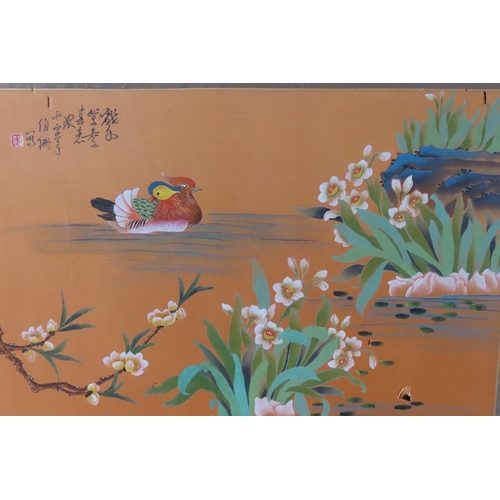 129 - Chinese Gouache Depicting Birds on Pond with Chinese Characters Inscribed Upper Left Approximately 3... 