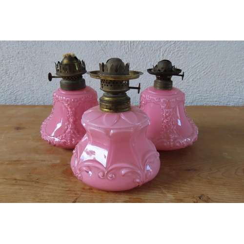 133 - Set of Three Fancy Pink Opaline Table Lamps with Original Brass Mounts Each Approximately 6 Inches H... 