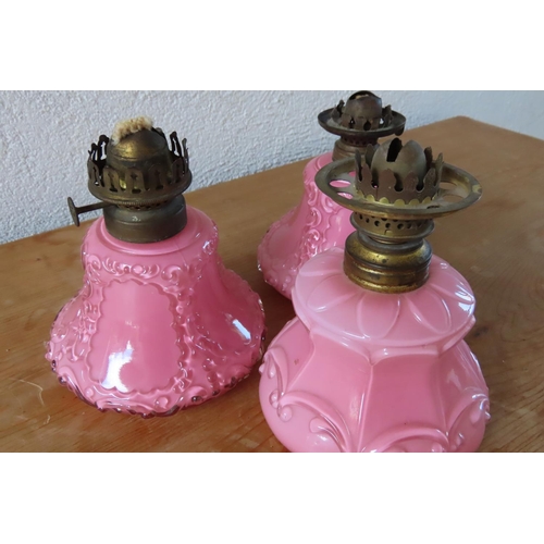 133 - Set of Three Fancy Pink Opaline Table Lamps with Original Brass Mounts Each Approximately 6 Inches H... 