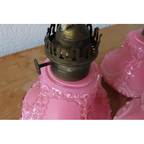 133 - Set of Three Fancy Pink Opaline Table Lamps with Original Brass Mounts Each Approximately 6 Inches H... 