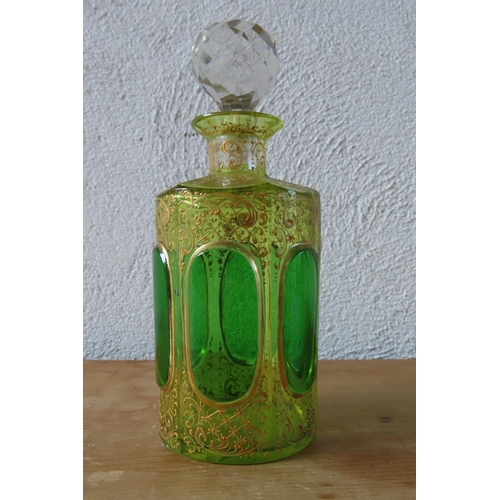 136 - Victorian Green Crystal Facet Cut Perfume Bottle with Original Stopper Approximately 6 Inches High