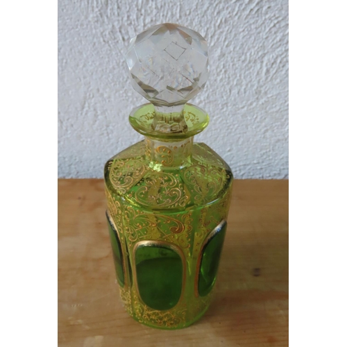 136 - Victorian Green Crystal Facet Cut Perfume Bottle with Original Stopper Approximately 6 Inches High