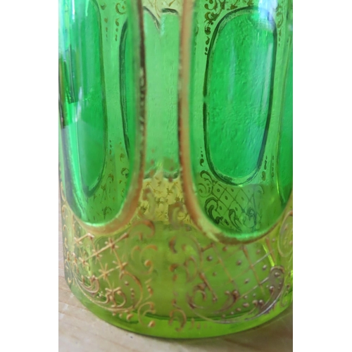 136 - Victorian Green Crystal Facet Cut Perfume Bottle with Original Stopper Approximately 6 Inches High