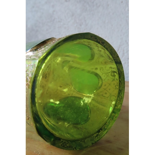 136 - Victorian Green Crystal Facet Cut Perfume Bottle with Original Stopper Approximately 6 Inches High