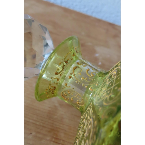 136 - Victorian Green Crystal Facet Cut Perfume Bottle with Original Stopper Approximately 6 Inches High