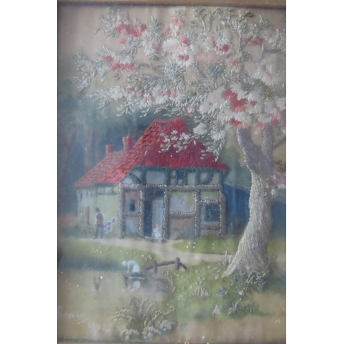 141 - Orchard Scene with Barn Beyond Needlepoint Panel Approximately 11 Inches High x 8 Inches Wide