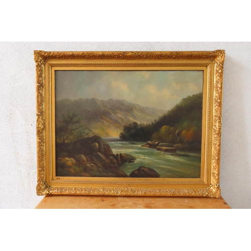 143 - WH Myers River Scene Mountains Beyond Victorian School Oil on Canvas Frame Size Approximately 30 Inc... 