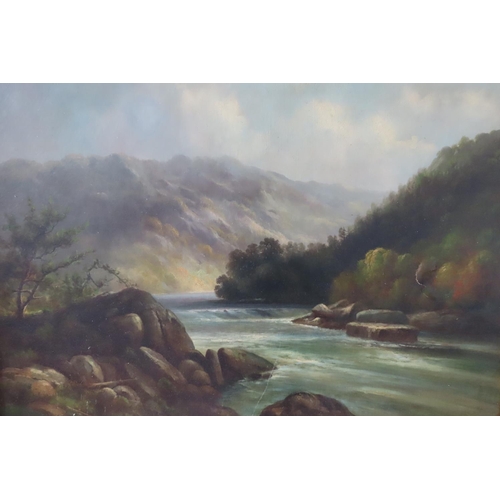 143 - WH Myers River Scene Mountains Beyond Victorian School Oil on Canvas Frame Size Approximately 30 Inc... 