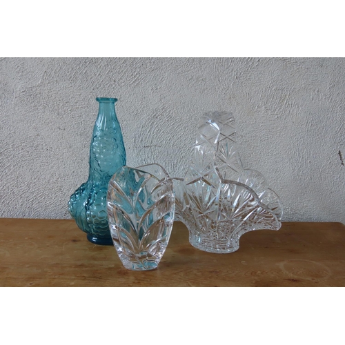 145 - Three Pieces of Vintage Glass including Blue Crystal Wine Decanter Tallest Approximately 10 Inches H... 