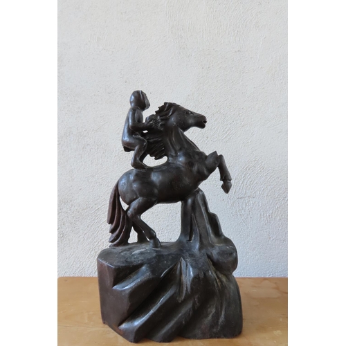 151 - Carved Wooden Sculpture of Man with Horse Approximately 14 Inches High