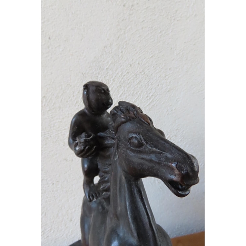 151 - Carved Wooden Sculpture of Man with Horse Approximately 14 Inches High