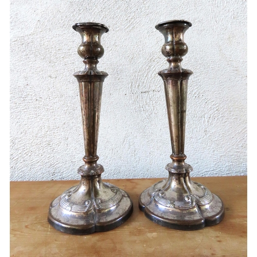 154 - Pair of Antique Silver Plated Candle Sticks Turned Pedestal Form Each Approximately 10 Inches High