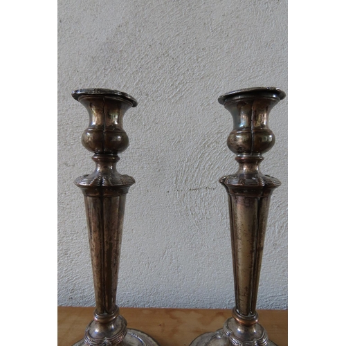 154 - Pair of Antique Silver Plated Candle Sticks Turned Pedestal Form Each Approximately 10 Inches High