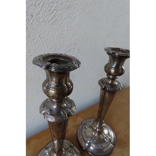 154 - Pair of Antique Silver Plated Candle Sticks Turned Pedestal Form Each Approximately 10 Inches High