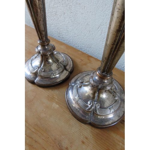 154 - Pair of Antique Silver Plated Candle Sticks Turned Pedestal Form Each Approximately 10 Inches High