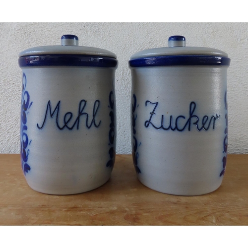 155 - Pair of Fired Earthenware Kitchen Jars Vintage Blue and White Ground Honey and Sugar