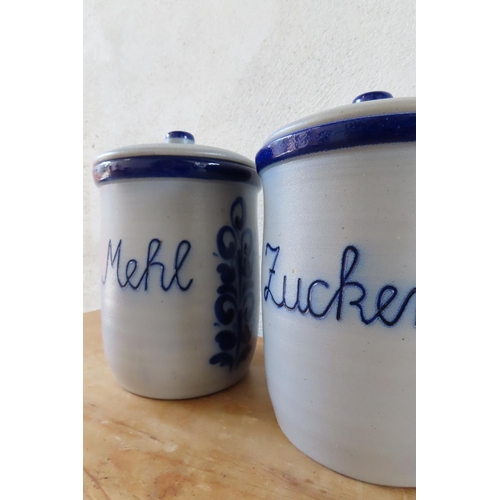 155 - Pair of Fired Earthenware Kitchen Jars Vintage Blue and White Ground Honey and Sugar