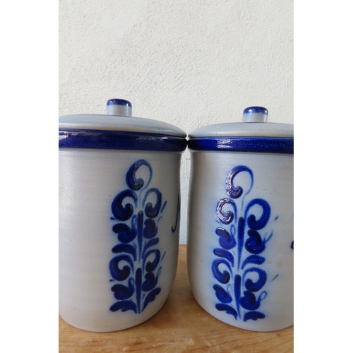 155 - Pair of Fired Earthenware Kitchen Jars Vintage Blue and White Ground Honey and Sugar